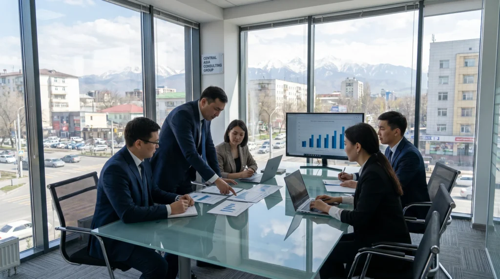Команда консультантов в офисе в Минске обсуждает бизнес-план и аналитику