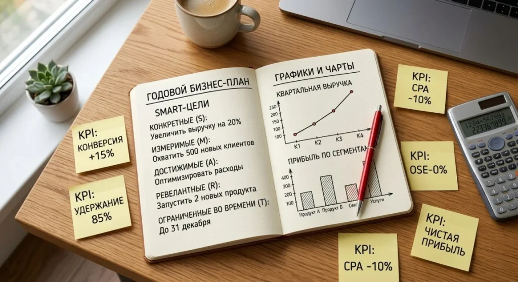 Рабочий стол с годовым бизнес-планом: блокнот с целями по SMART, графики, красная ручка и стикеры с KPI